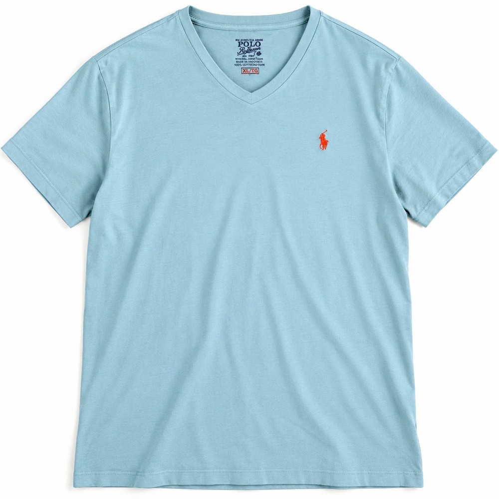 Polo Ralph Lauren Mens XL V-Neck T-Shirt Blue Cotton Orange Pony Logo Tee